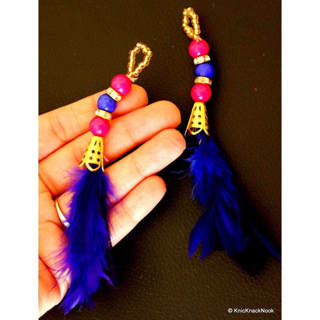 2pc Blue Feather Tassels With Gold Metal Cap And Pink and Blue Beads, Feather Tassel Earrings,Boho Earrings - 121015A2