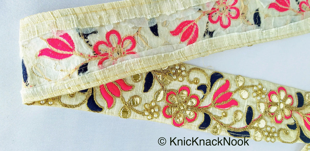 Beige Fabric Trim In Fuchsia Pink, Black & Gold Floral Embroidery, Beaded Gota Patti