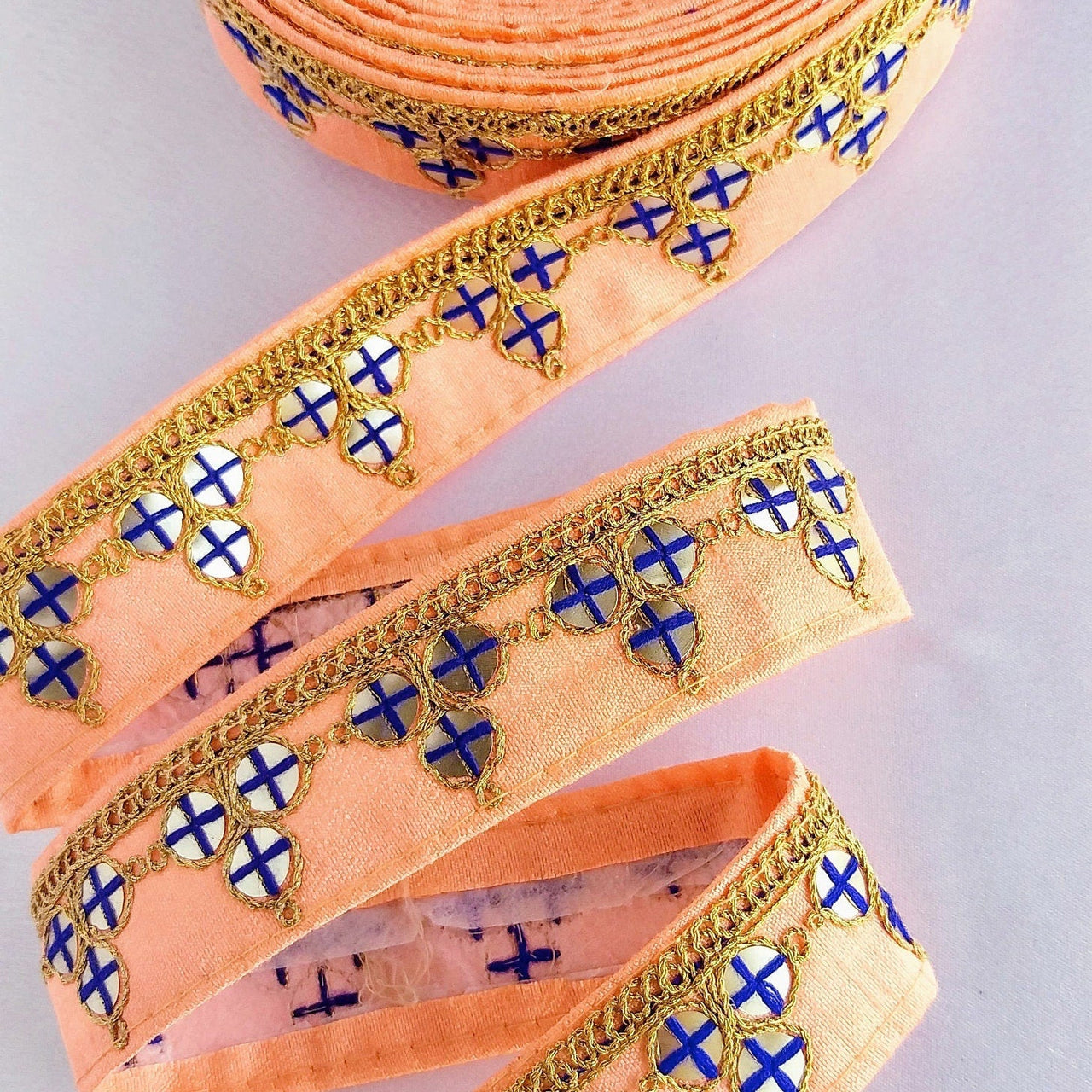 Mirrored Yellow/ Mint Green/ Cyan Blue/ Melon Orange Fabric Trim With Gold Embroidery, Indian Sari border - 210119L291/92/93/94