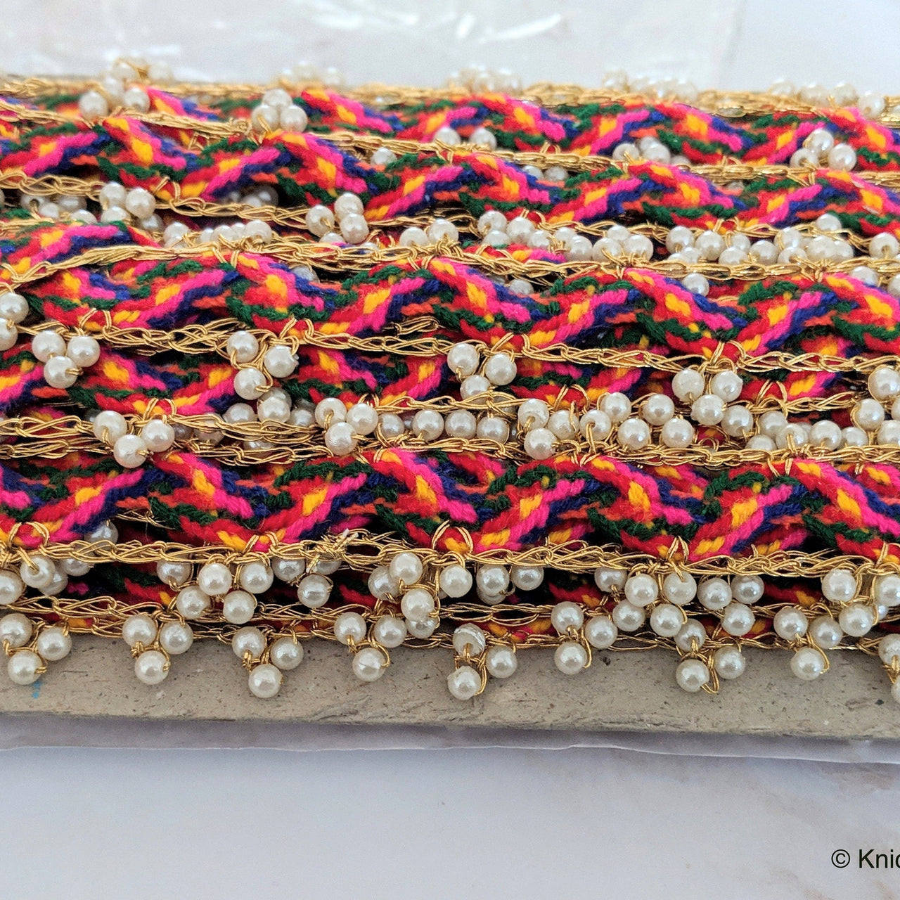 Multicoloured Wool Woven Trim With Gold Piping and Off White Pearl Beads, Approx. 40mm Wide - 010518L6
