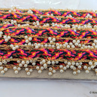 Thumbnail for Multicoloured Wool Woven Trim With Gold Piping and Off White Pearl Beads, Approx. 40mm Wide - 010518L6