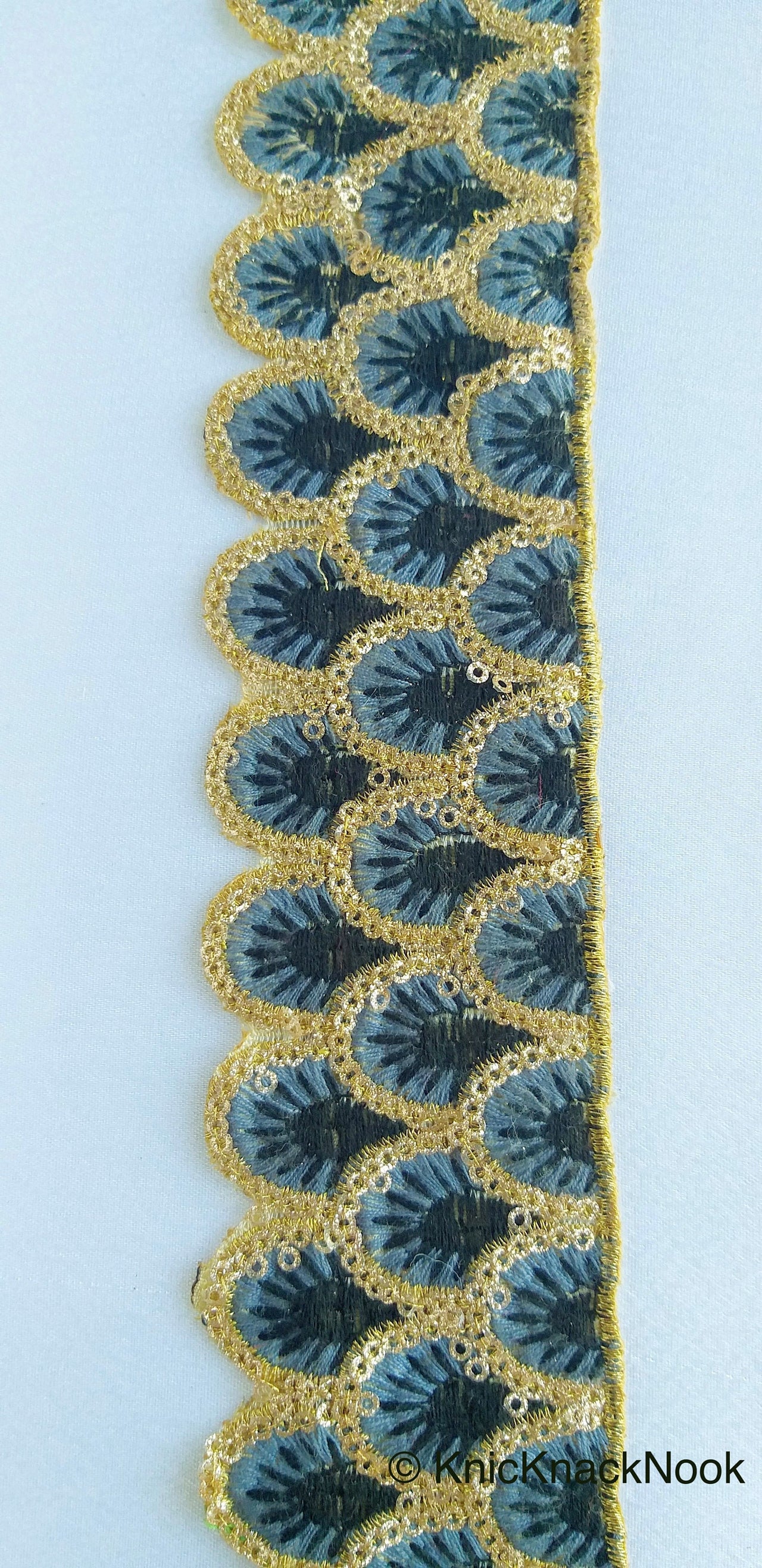Trims: Grey, Black And Gold Embroidered Scallop Lace Trim, Approx. 50mm wide - 210119L311