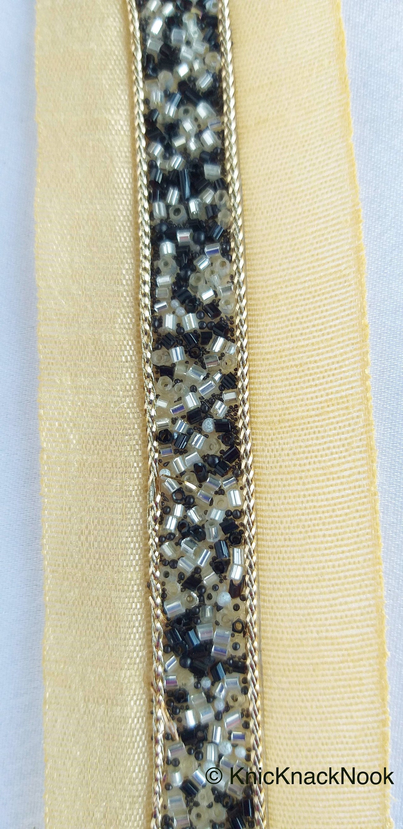 Beige Fabric Trim With Black And White Beads Embellishments, Beaded Trim, Approx. 38mm