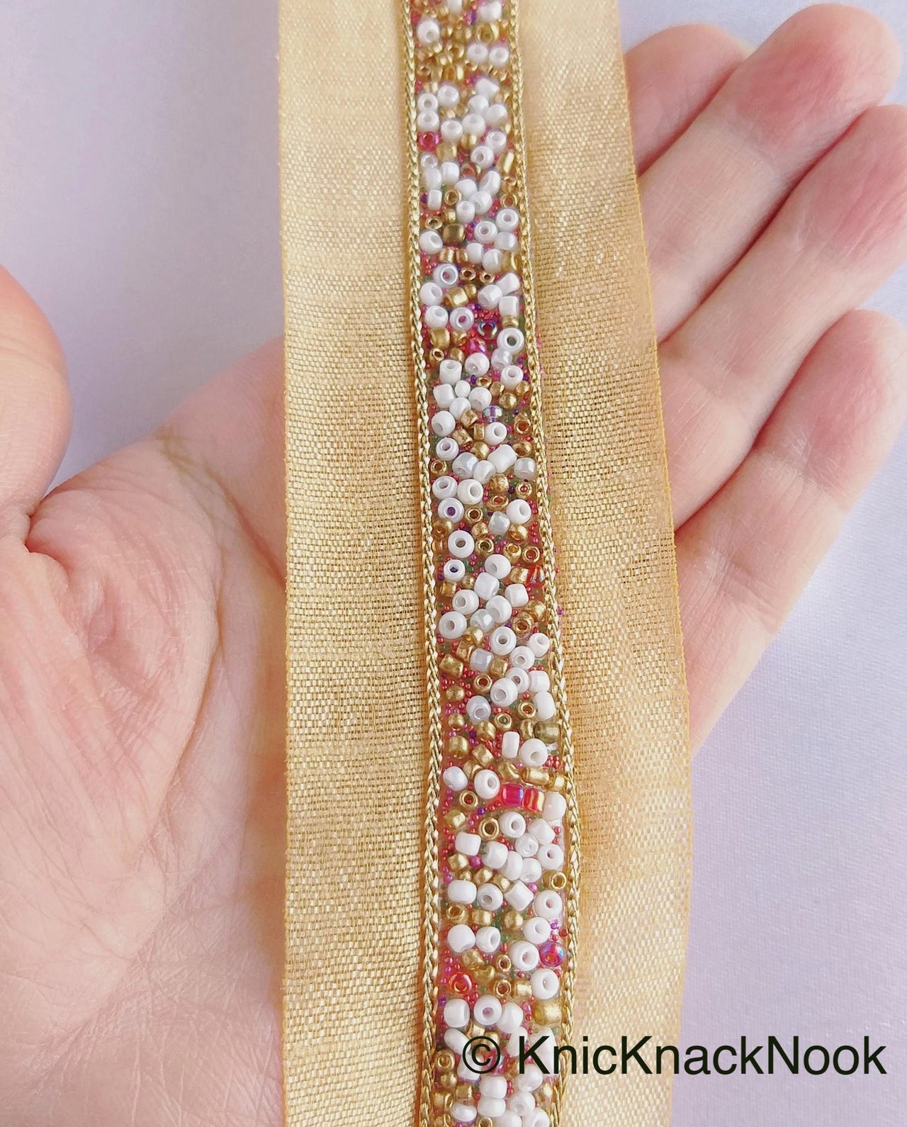 Beige Fabric Trim With Copper, Gold And White Beads Embellishments, Beaded Trim