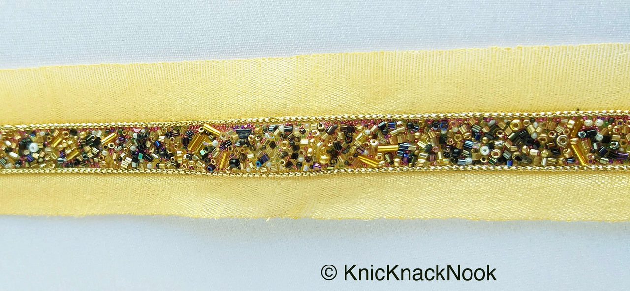 Beige Fabric Trim With Black, Gold And Pink Beads Embellishments, Beaded Trim