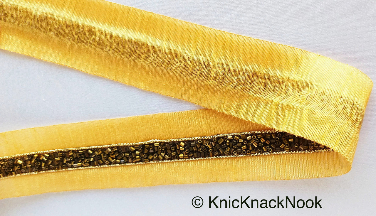 Gold Beige Fabric Trim With Antique Gold and Antique Bronze Beads Embellishments, Beaded Trim, Approx. 38mm