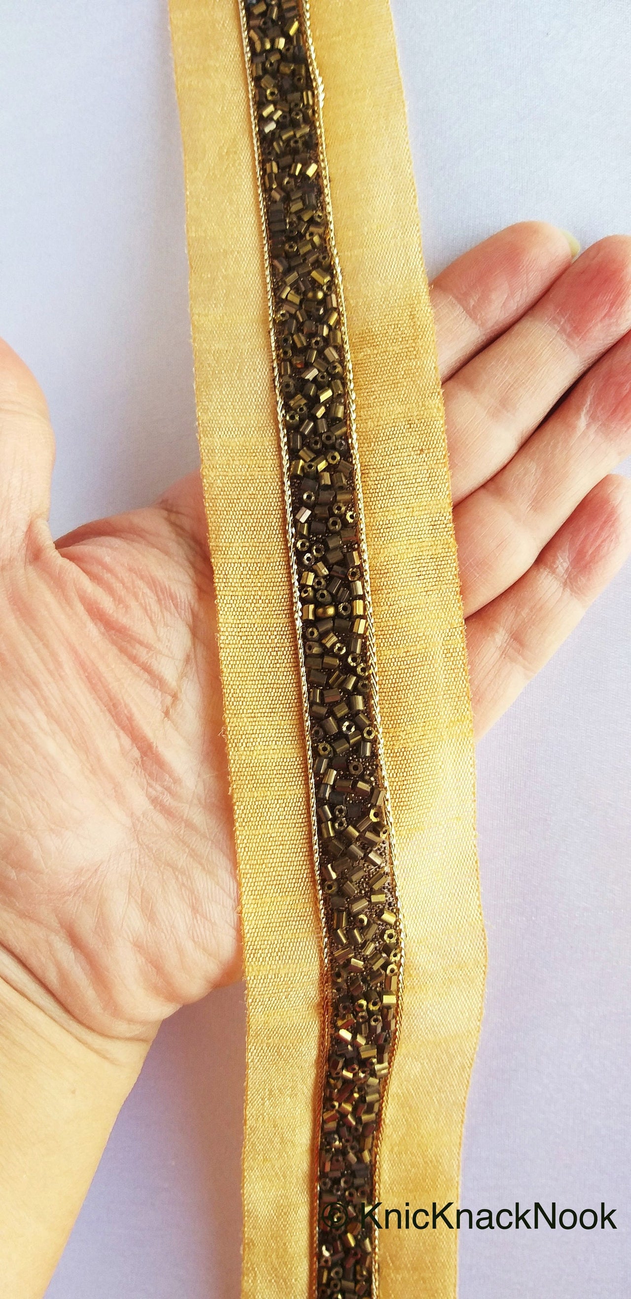 Gold Beige Fabric Trim With Antique Gold and Antique Bronze Beads Embellishments, Beaded Trim, Approx. 38mm