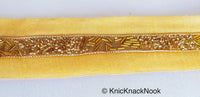 Thumbnail for Beige Fabric Trim With Gold Bugle Beads Embellishments, Beaded Trim, Approx. 38mm