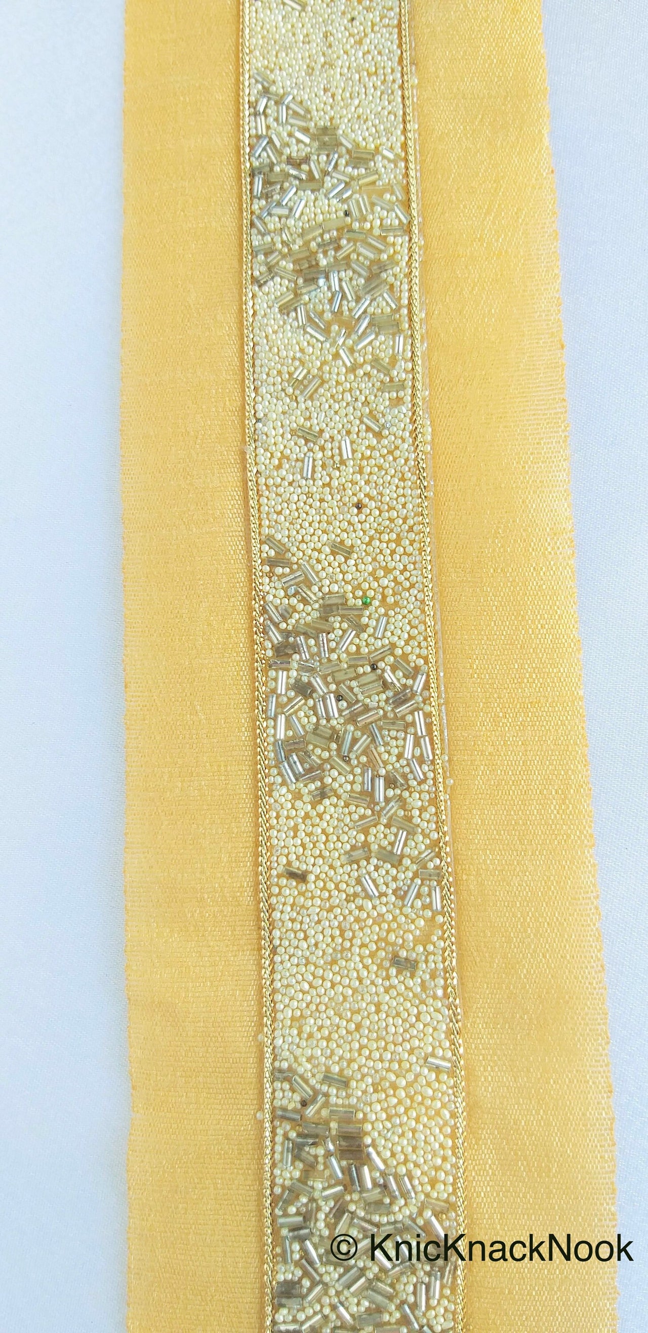 Beige Fabric Trim With Off White Seed Beads And Grey Bugle Beads Embellishments, Beaded Trim, Approx. 62mm