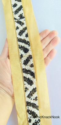 Thumbnail for Beige Fabric Trim With Black And White Seed Beads Embellishments, Zebra Trim, Beaded Trim