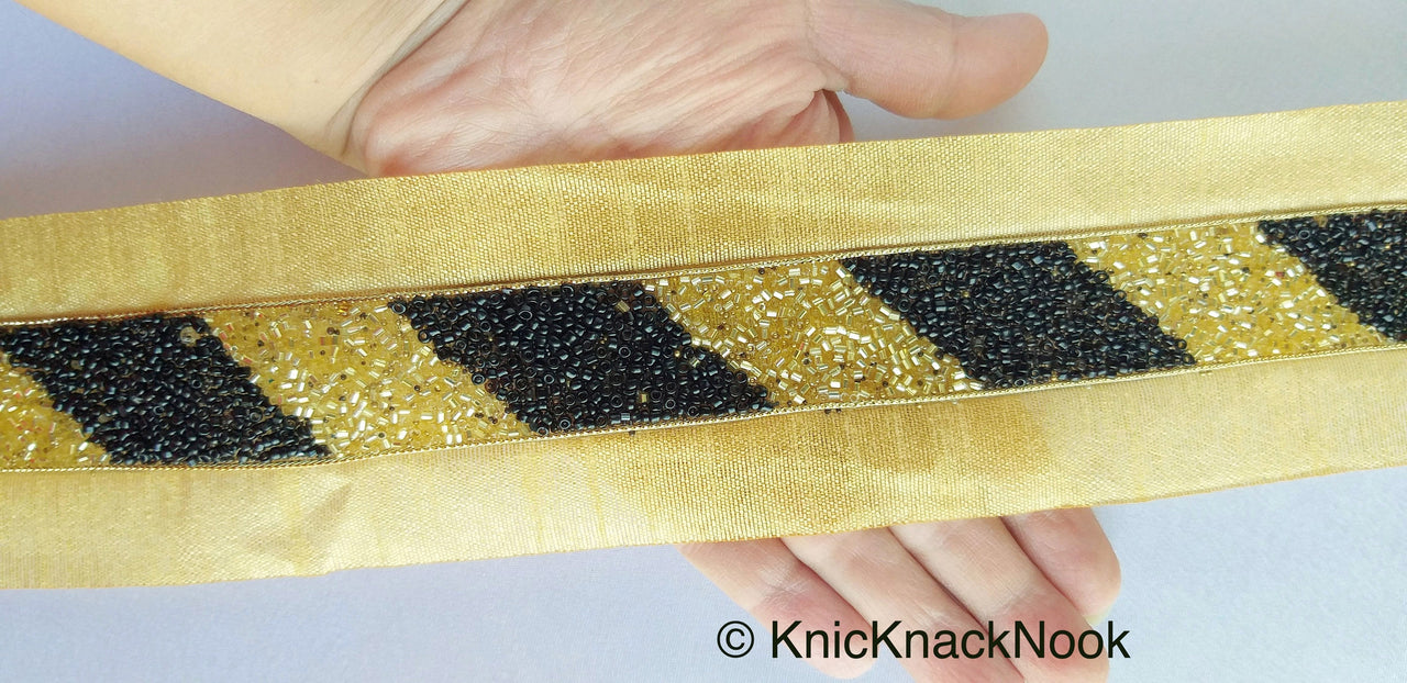 Gold Fabric Trim With Black Seed Beads And Gold Bugle Beads Embellishments, Stripe Beaded Trim, Approx. 65mm