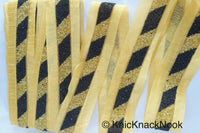 Thumbnail for Gold Fabric Trim With Black Seed Beads And Gold Bugle Beads Embellishments, Stripe Beaded Trim, Approx. 65mm