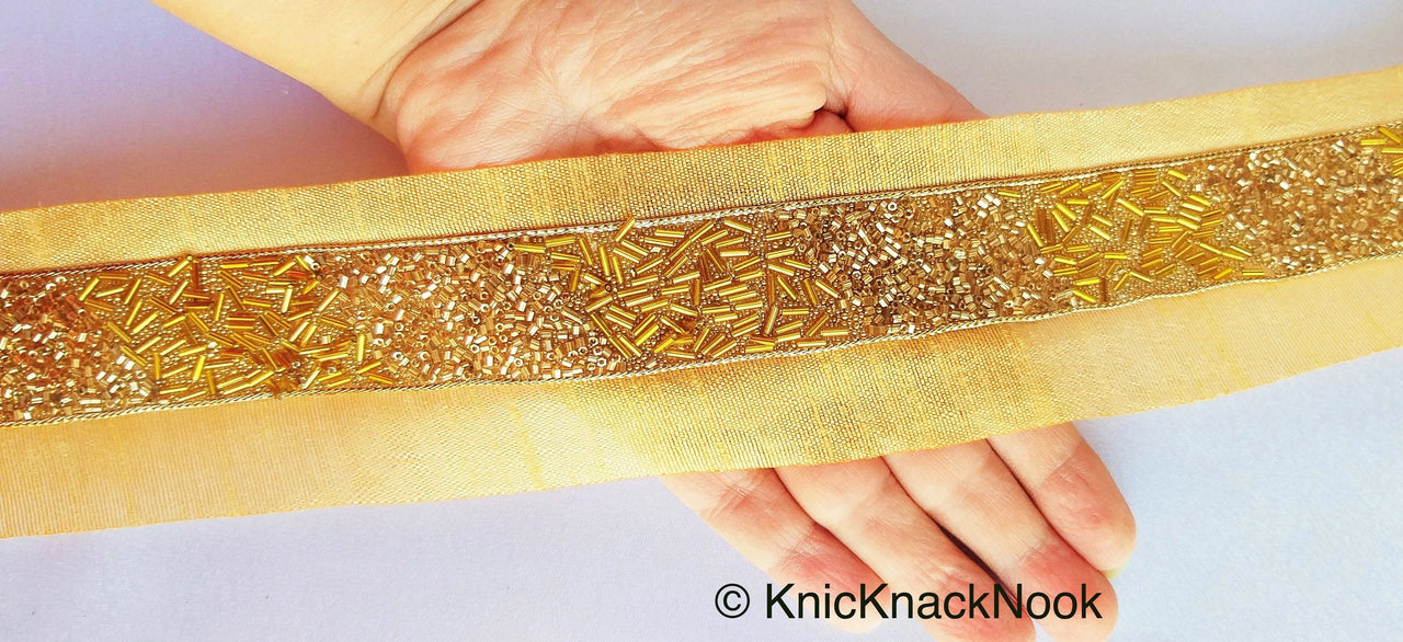 Beige Fabric Trim With Gold Seed Beads, Bugle Beads And Pipe Beads Embellishments, Beaded Trim