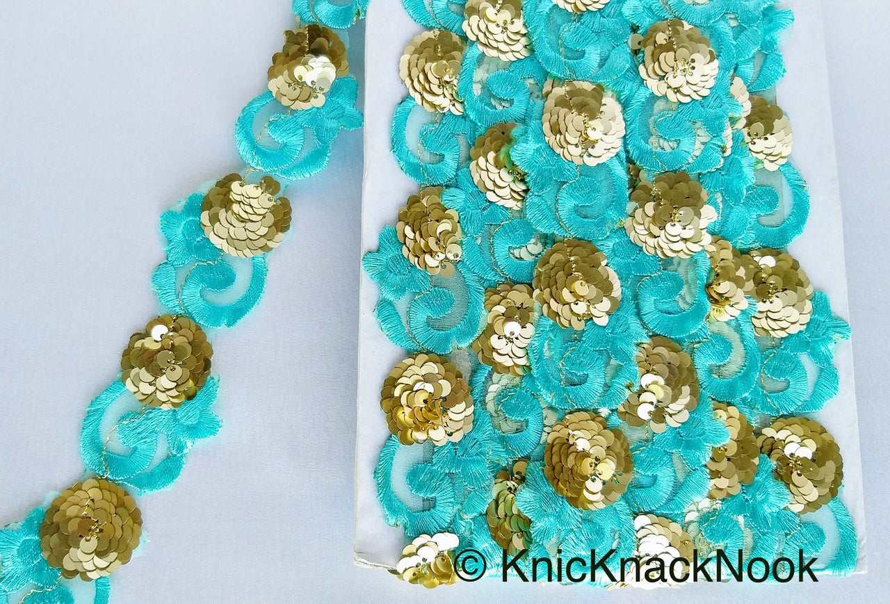 Wholesale Blue Lace Trim, Tissue Fabric Cutwork With Floral Embroidery & Gold Sequins, Indian Embroidery