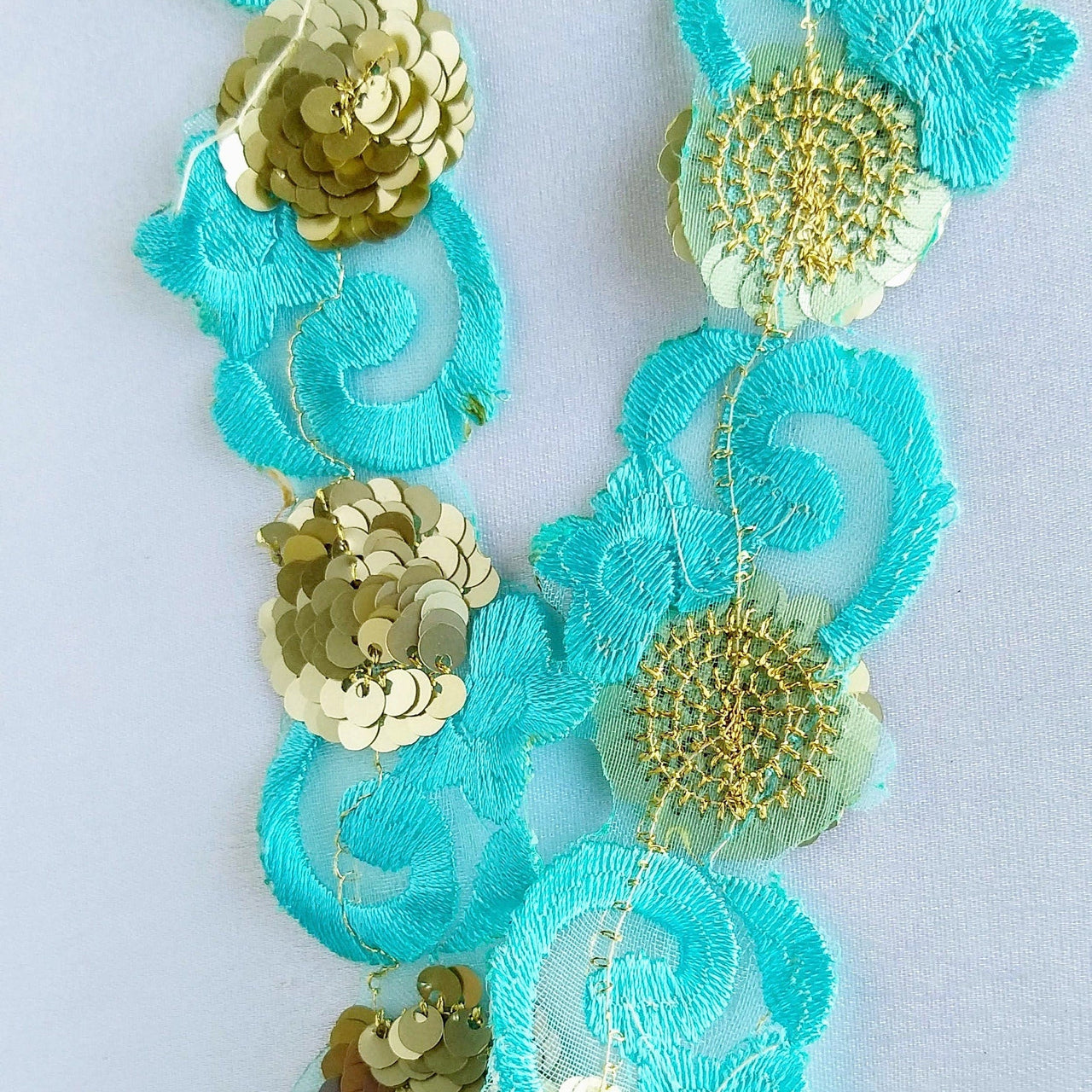 Blue Lace Trim, Tissue Fabric Cutwork With Floral Embroidery & Gold Sequins, Indian Embroidery 