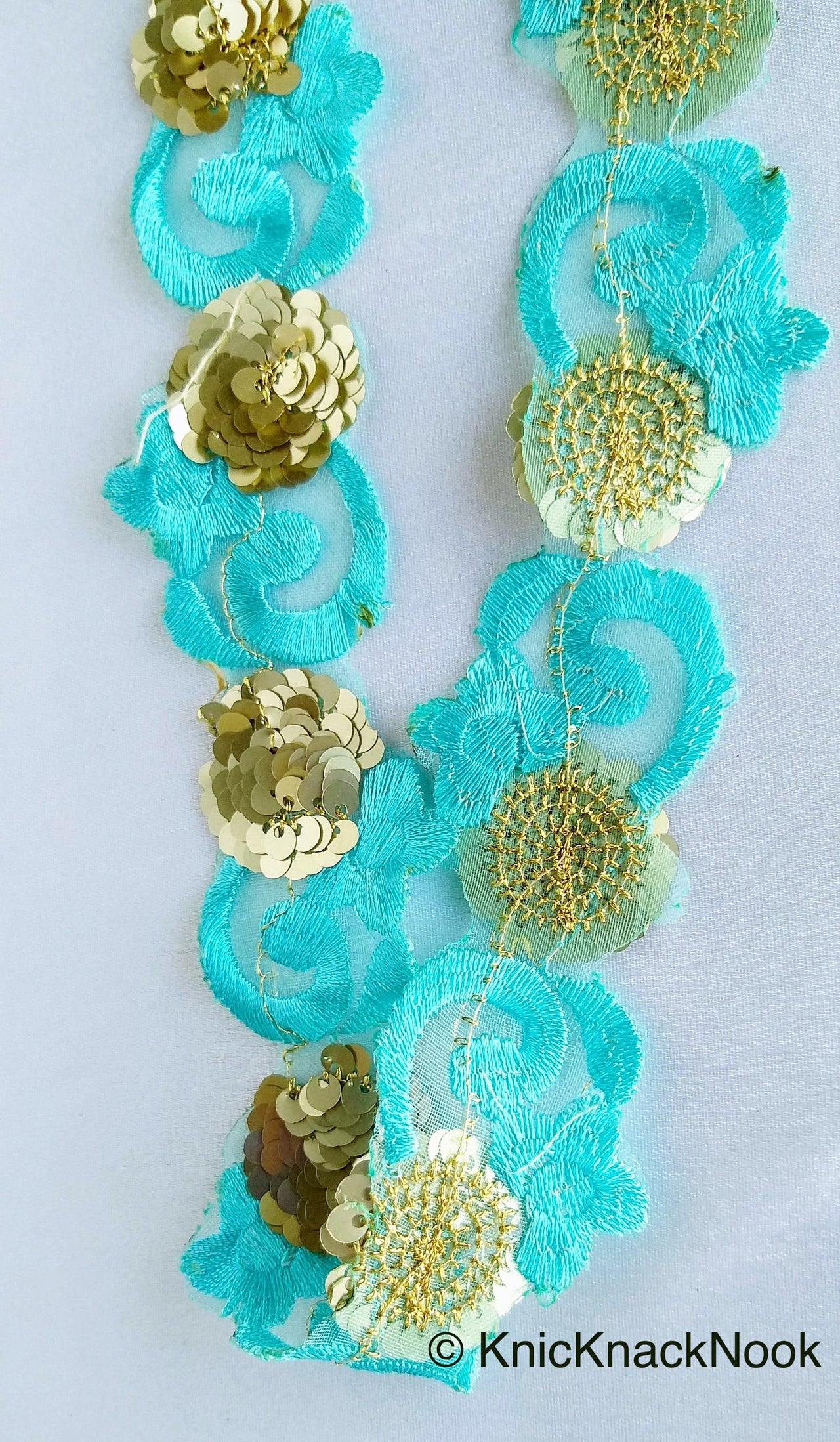 Wholesale Blue Lace Trim, Tissue Fabric Cutwork With Floral Embroidery & Gold Sequins, Indian Embroidery