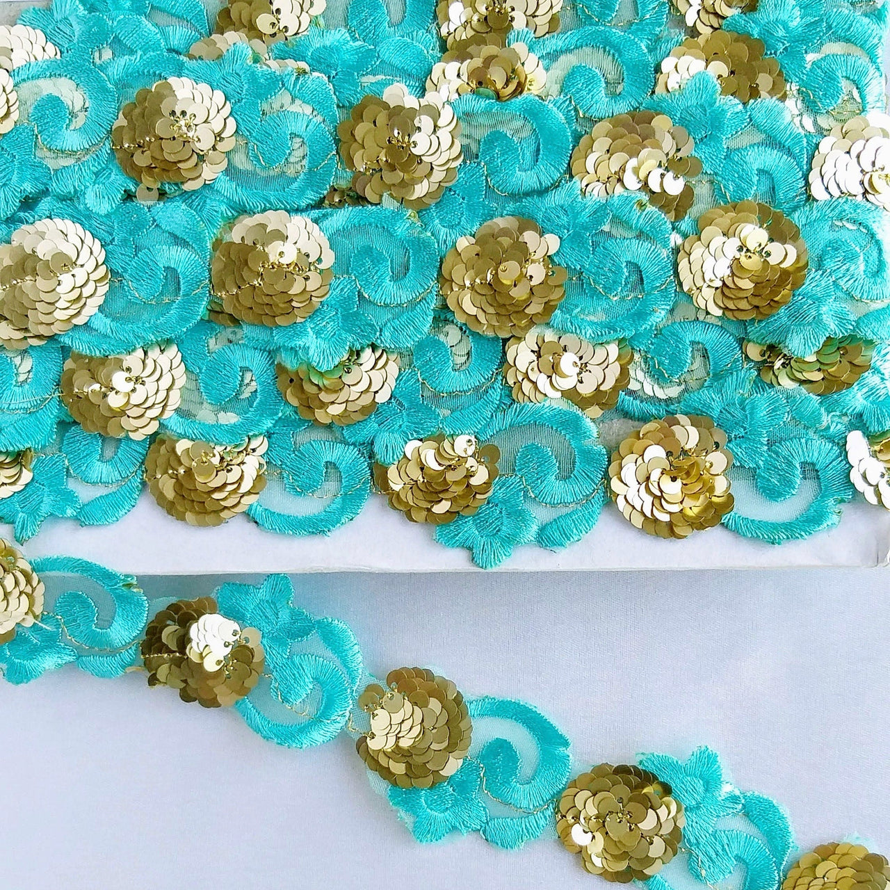 Blue Lace Trim, Tissue Fabric Cutwork With Floral Embroidery & Gold Sequins, Indian Embroidery 