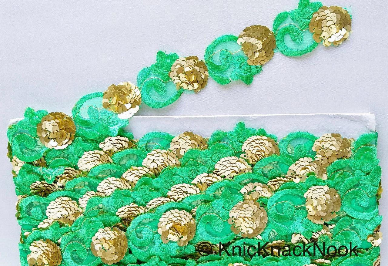 Wholesale Green Trim, Tissue Fabric Cutwork Floral Embroidery & Gold Sequins Approx. 40mm Wide, Trim By 9 Yards Indian Sequins Border