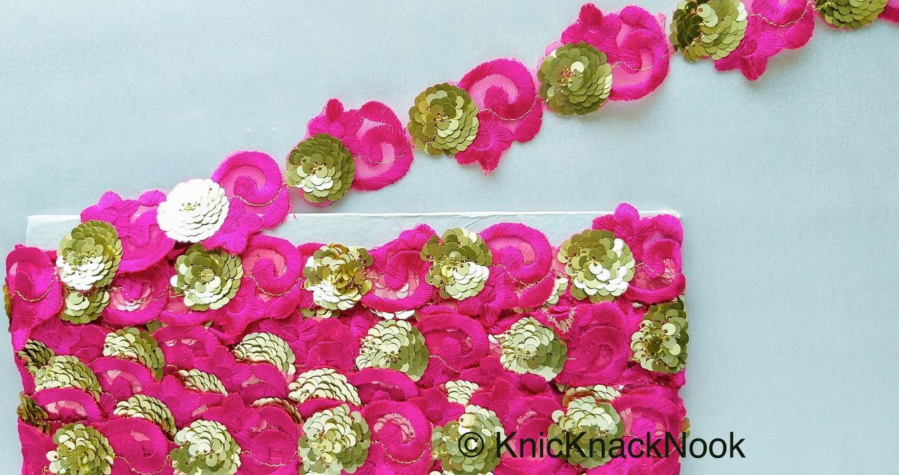 Fuchsia Pink Lace Trim, Tissue Fabric Cutwork With Floral Embroidery & Gold Sequins, 