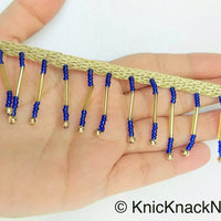Thumbnail for Gold Fringe Trim With Gold and Blue Beads Dangles, Beaded Tassels, Approx. 35mm wide