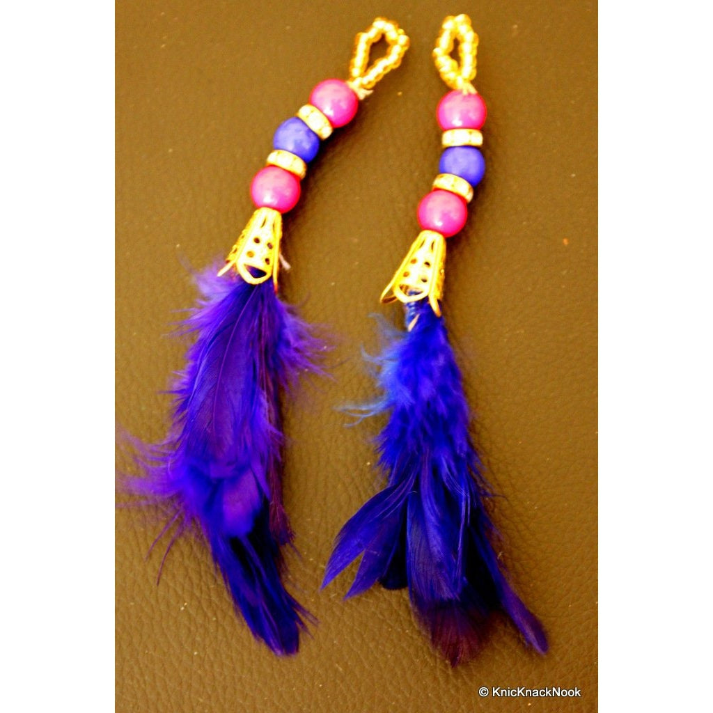 2pc Blue Feather Tassels With Gold Metal Cap And Pink and Blue Beads, Feather Tassel Earrings,Boho Earrings - 121015A2