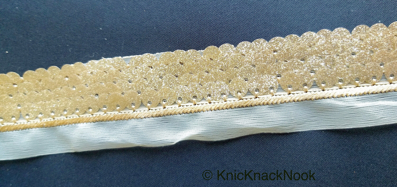 Beige Sheer Fabric Trim Embroidered With Beige Silk Thread And Glitter Gold Sequins, Approx. 33mm Wide -