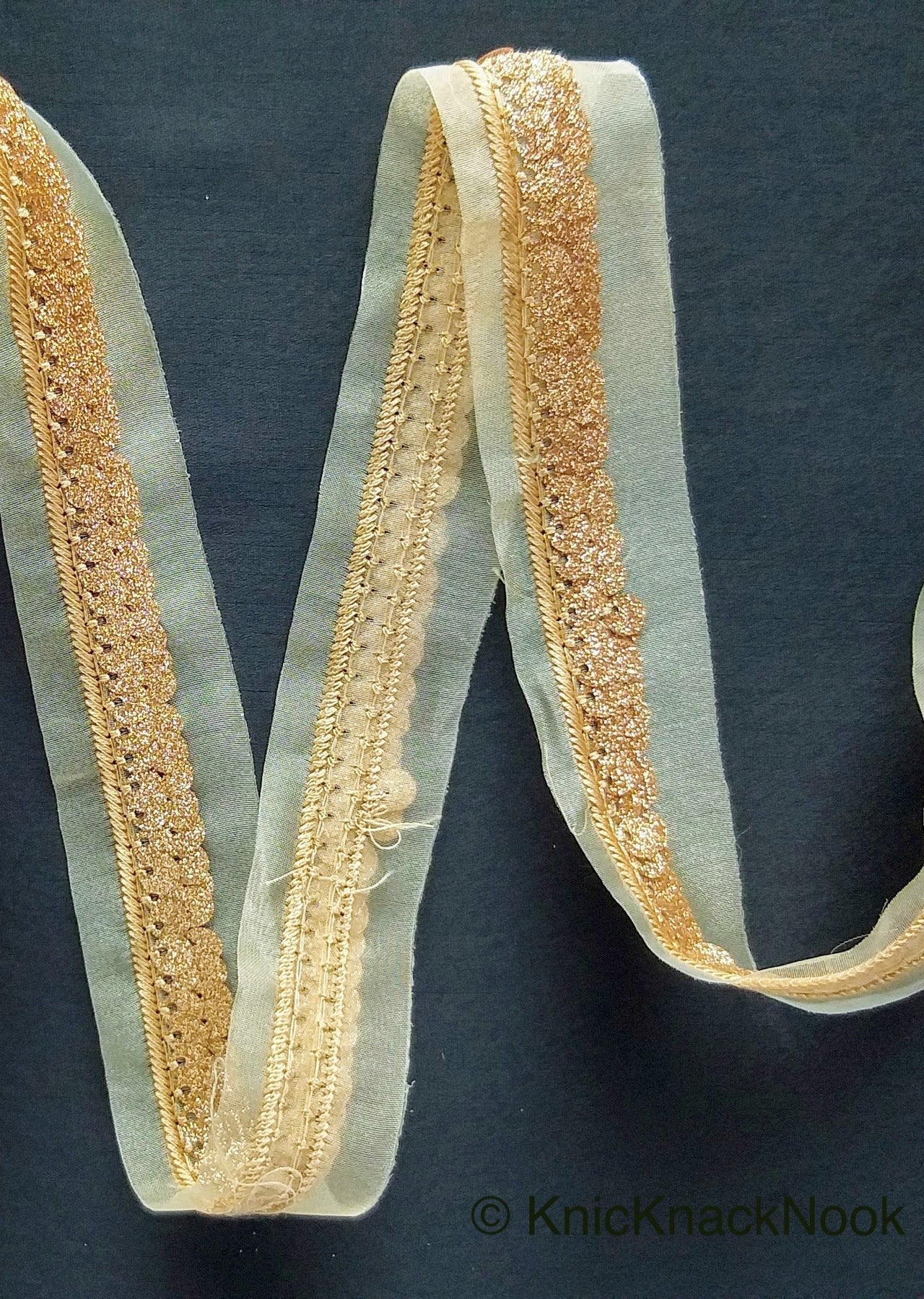 Beige Sheer Fabric Trim Embroidered With Beige Silk Thread And Glitter Copper Sequins, Approx. 33mm Wide