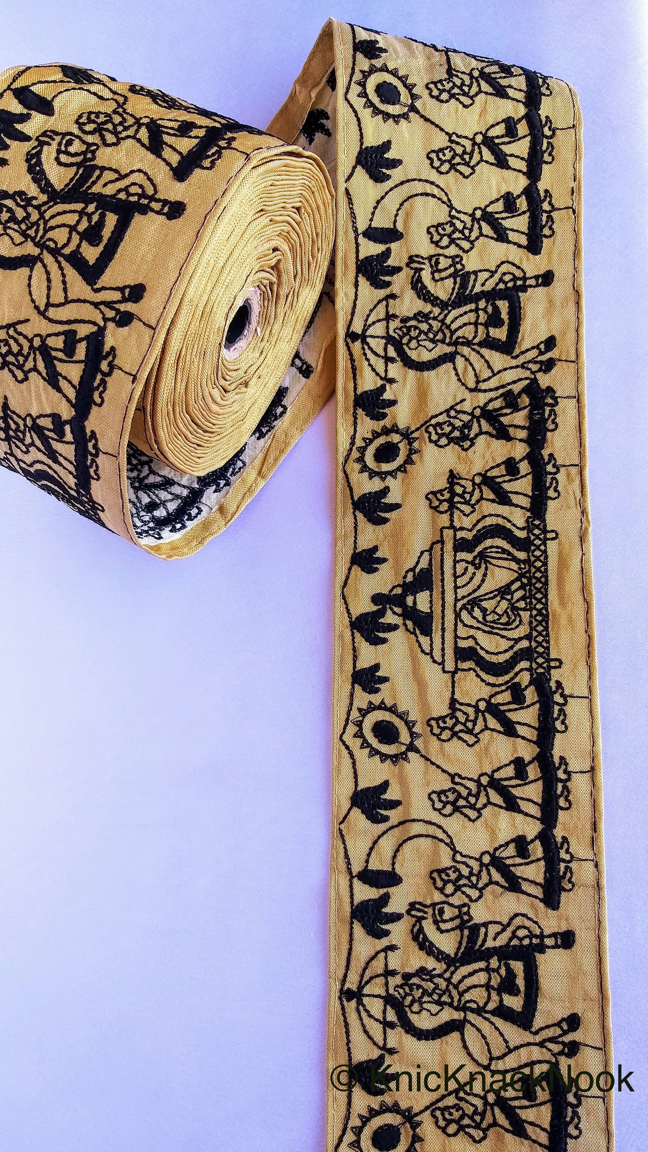 Beige / White Silk Trim With Intricate Black Embroidery Of Indian Bride and Groom, Baraat, Wedding Trim, Man With Horse And Woman in SedanTrim