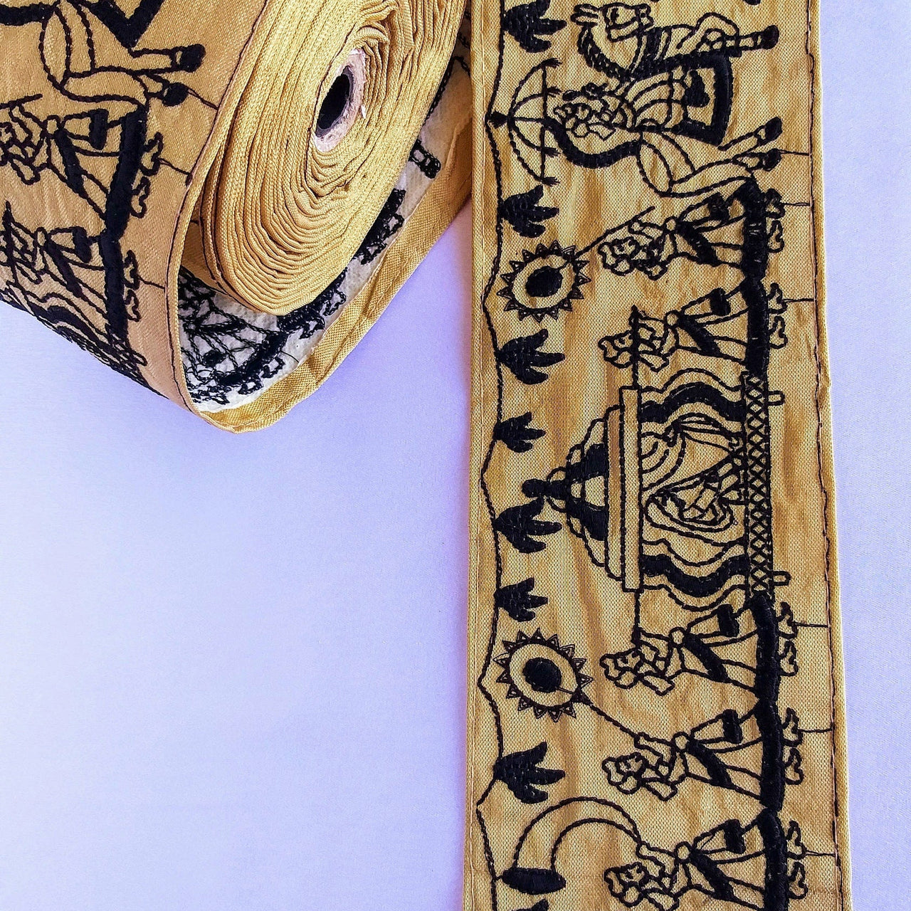 Beige / White Silk Trim With Intricate Black Embroidery Of Indian Bride and Groom, Baraat, Wedding Trim