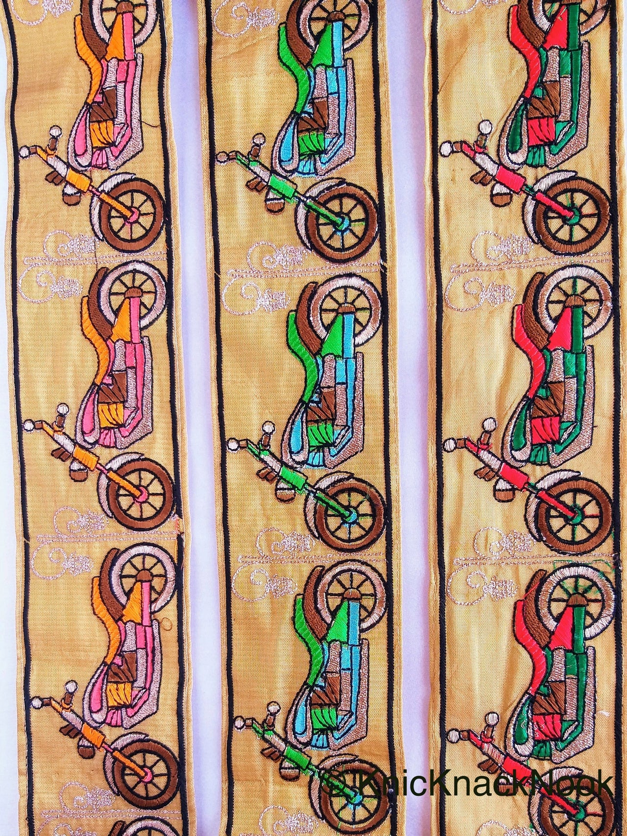 Wholesale Beige Fabric trim with Embroidered Motor Bikes - Brown, Orange, Light Gold & Pink Approx 80 mm Indian Decorative Trim Craft Ribbon