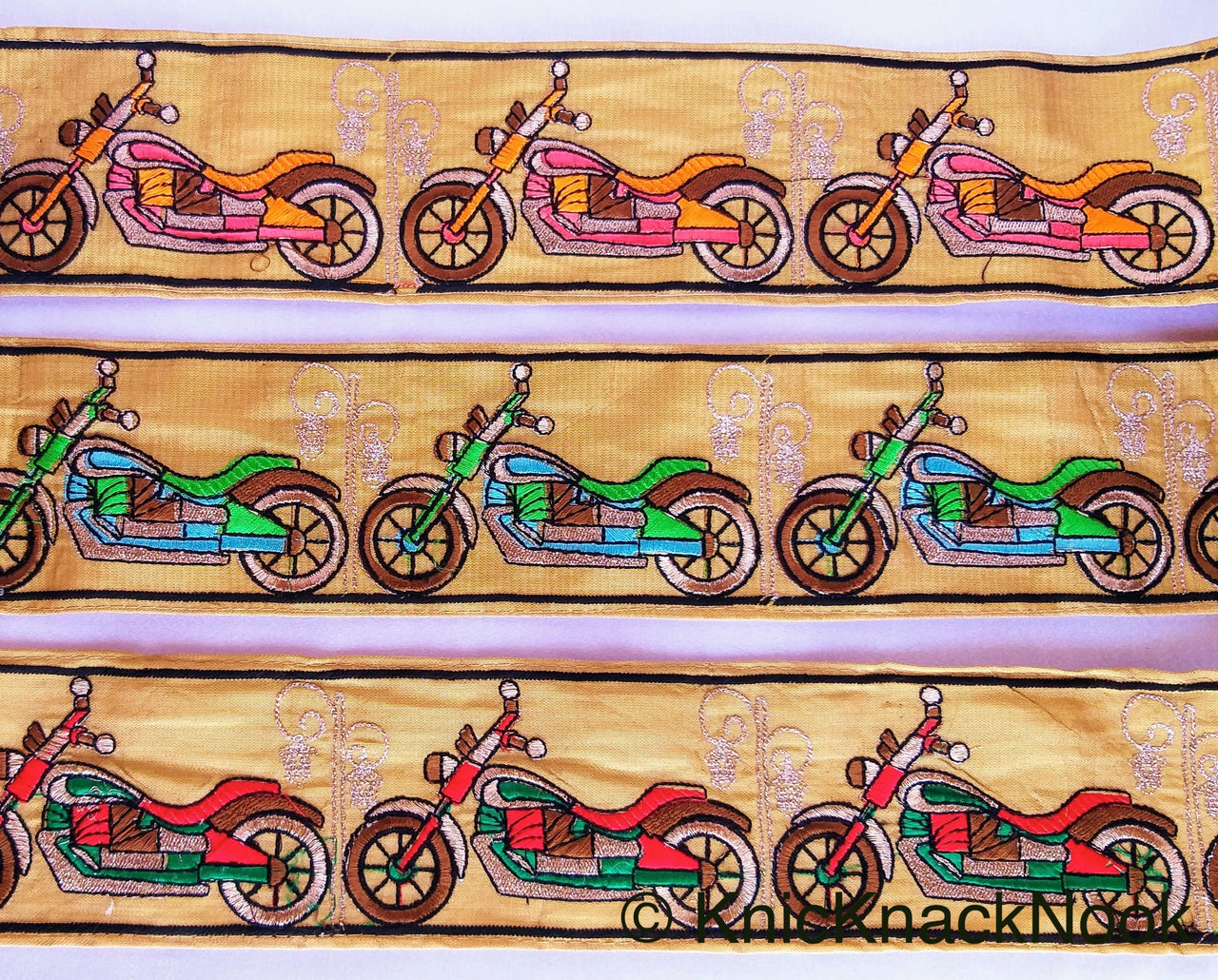 Beige Fabric trim with Embroidered Motor Bikes - Brown, Orange, Light Gold & Pink