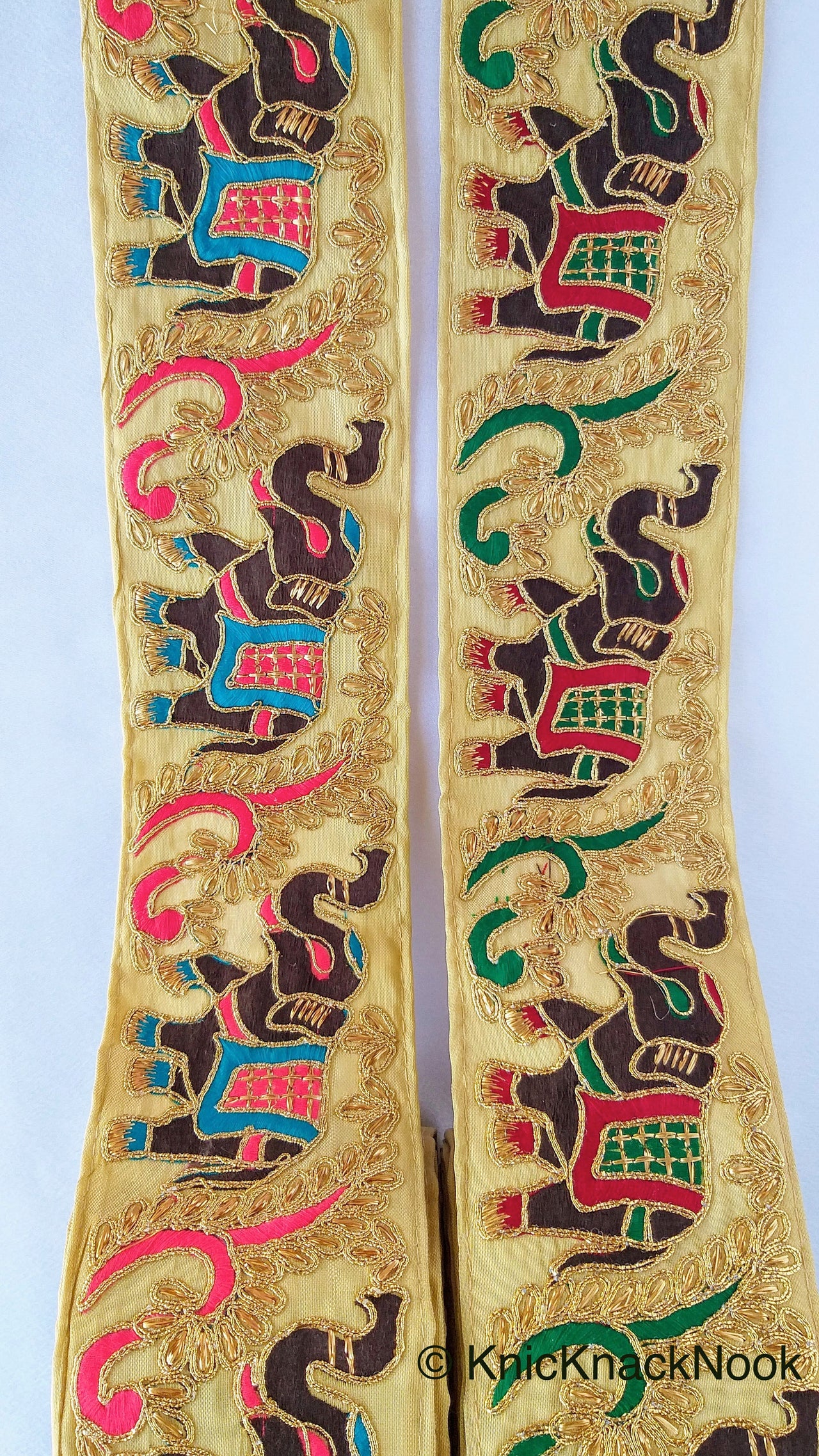 Beige Fabric Trim With Intricate Elephant And Trees Embroidery In Brown, Gold & Pink and Blue / Green and Red Thread - 210119L500 / 01Trim