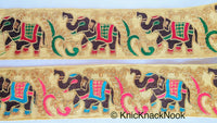 Thumbnail for Beige Fabric Trim With Intricate Elephant And Trees Embroidery In Brown, Gold & Pink and Blue / Green and Red Thread - 210119L500 / 01Trim
