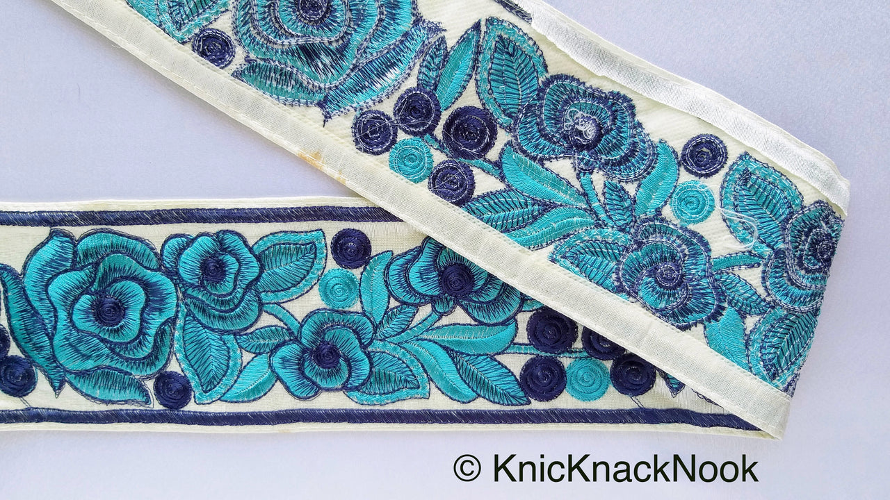 Off White Cotton, Fabric Trim With Floral Embroidery In Blue / Orange, Approx. 90mm wide - 210119L502 / 03Trim