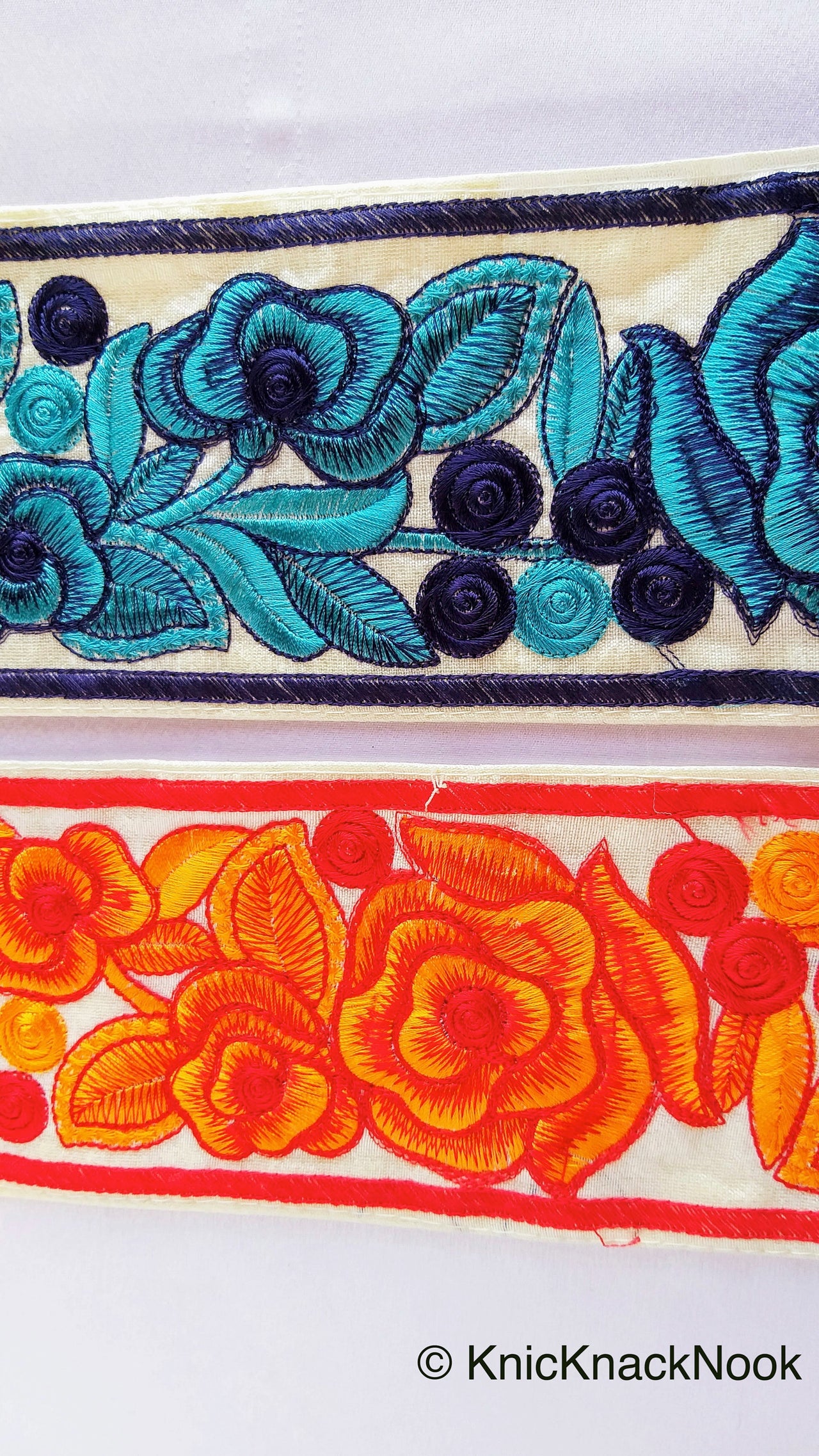 Off White Cotton, Fabric Trim With Floral Embroidery In Blue / Orange, Approx. 90mm wide - 210119L502 / 03Trim