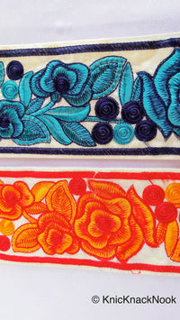 Thumbnail for Off White Cotton, Fabric Trim With Floral Embroidery In Blue / Orange, Approx. 90mm wide - 210119L502 / 03Trim