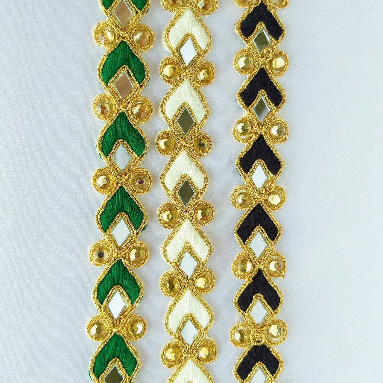 Green / Black / Off White And Gold Thread Lace Trim With Beads And Mirrors Embellishments, Approx. 22mm - 210119L524 / 25 /26
