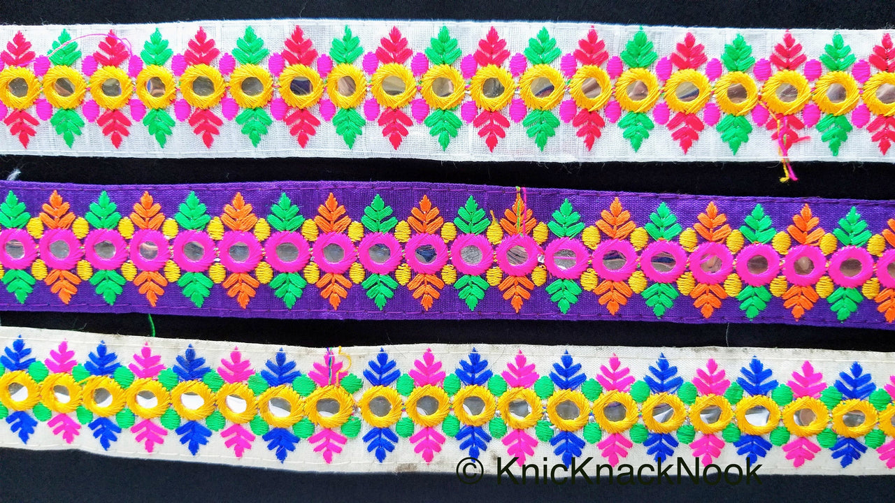 Purple Mirrored Fabric Trim With Fuchsia Pink, Orange, Yellow And Green Embroidery