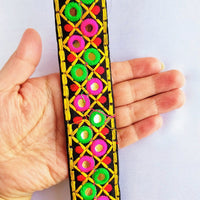 Thumbnail for Black Cotton Fabric Mirrored Trim With Embroidery In Fuchsia Pink, Green, Red & Yellow Threads