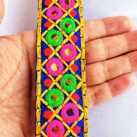 Thumbnail for Blue Cotton Fabric Mirrored Trim With Embroidery In Fuchsia Pink, Green, Red & Yellow Threads
