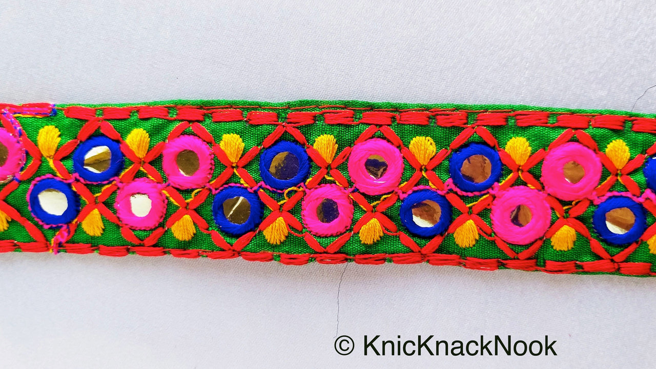 Green Cotton Fabric Mirrored Trim With Embroidery In Fuchsia Pink, Blue, Red & Yellow Threads