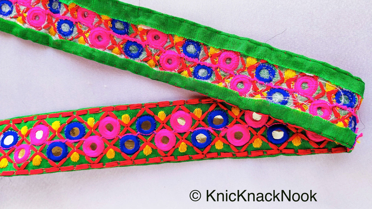Green Cotton Fabric Mirrored Trim With Embroidery In Fuchsia Pink, Blue, Red & Yellow Threads