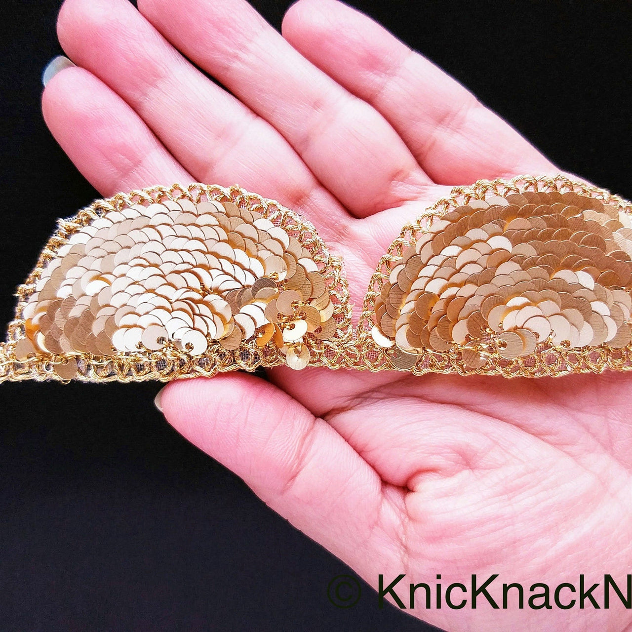 Gold Scallop Trim Embroidered With Beaded Gold Sequins, Approx. 35mm Wide - 210119L451