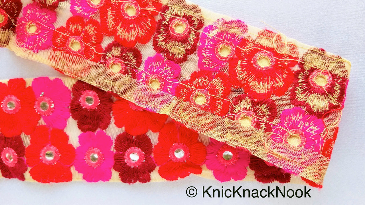 Beige Net Lace Trim In Maroon, Red, Fuchsia Pink And Pink Floral Embroidery And Mirror Embellishments