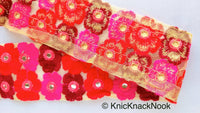 Thumbnail for Beige Net Lace Trim In Maroon, Red, Fuchsia Pink And Pink Floral Embroidery And Mirror Embellishments