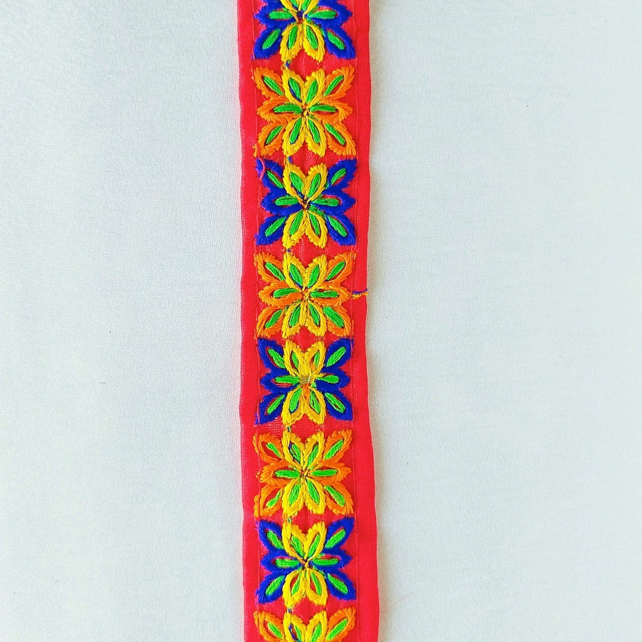Red Cotton Fabric Trim With Blue, Orange Yellow & Green Embroidery, Boho trim