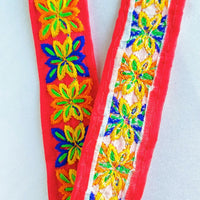 Thumbnail for Red Cotton Fabric Trim With Blue, Orange Yellow & Green Embroidery, Boho trim
