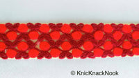 Thumbnail for Beige Net Trim With Embroidered Roses, Red and Maroon Floral Trim, Approx. 36mm wide - 210119L464