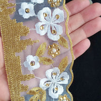 Thumbnail for White Tissue Fabric Trim With Embroidered White & Gold Embroidery, Embellished With Beads, Brasso Trim