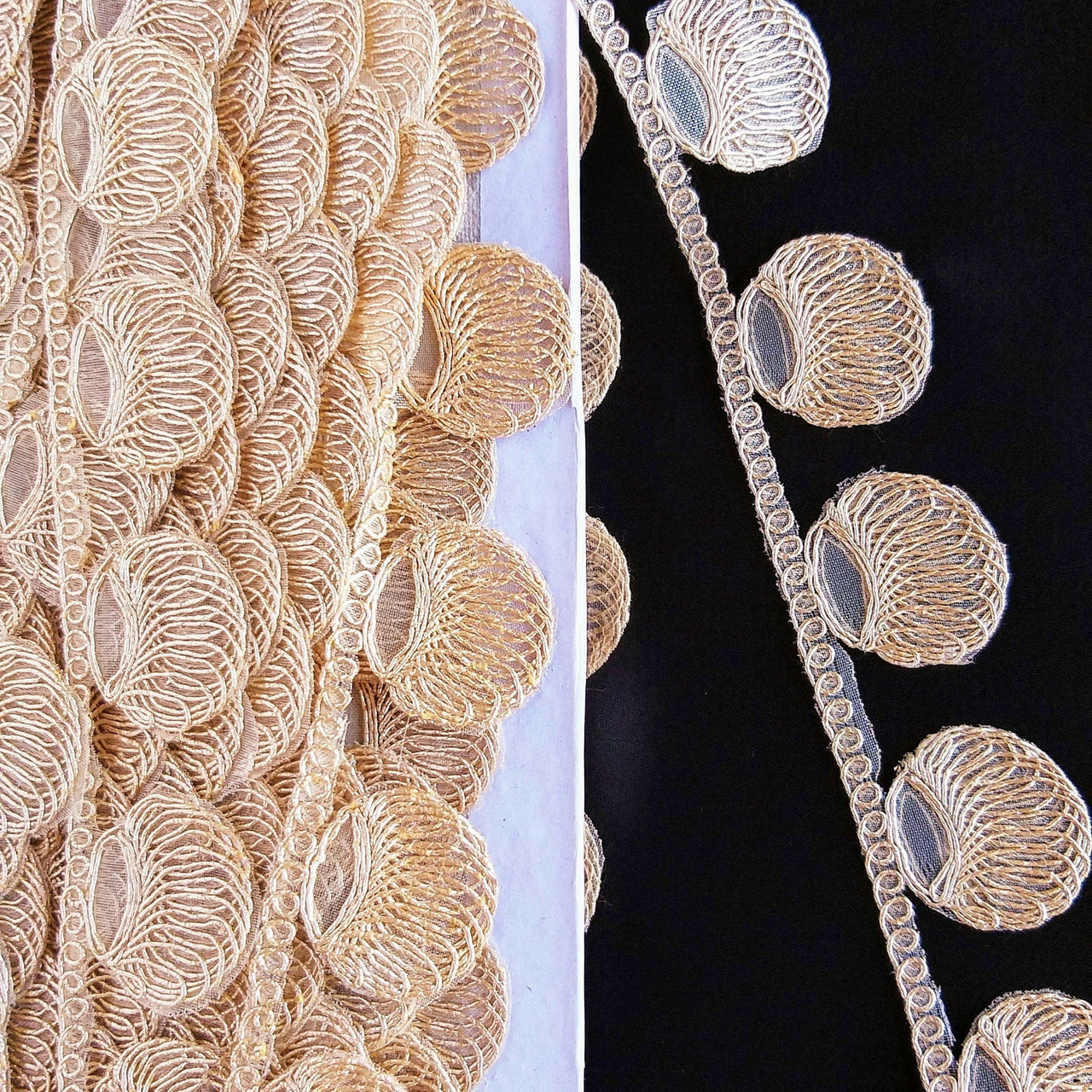 Gold Shimmer Thread Embroidered Circle Design Thread Trim, Fringe Trim, Approx. 34mm wide